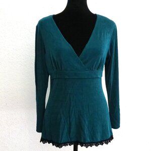 Express U, Blue/green V-neck long sleeves shirt, with lace details